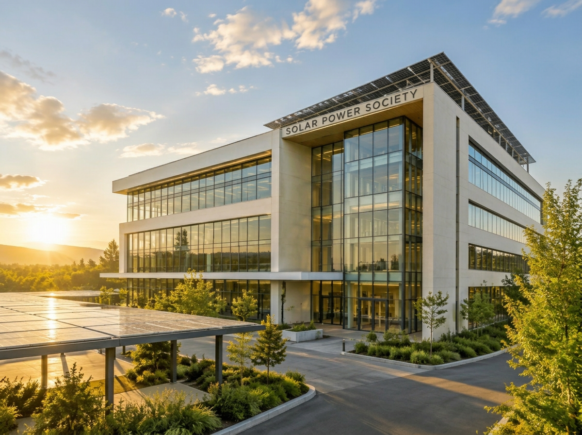 SolarPowerSociety head office building with rooftop solar panels