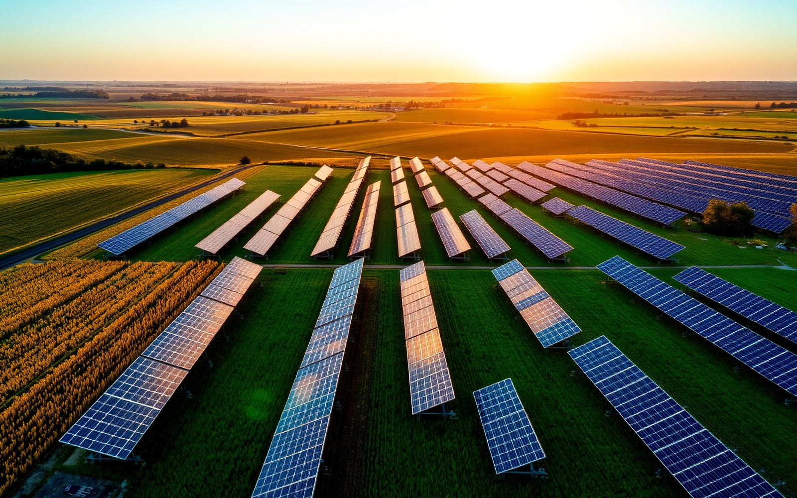 Solar panel farm glowing at sunrise across green fields